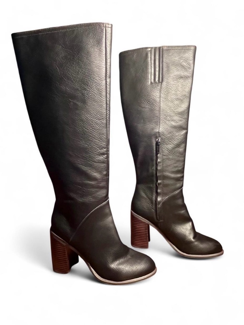 Oasis Society Black Knee-High Wood-look Vegan Leather Block Heel Boots Size 7